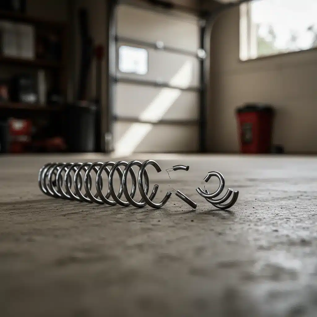 Broken garage door extension spring lying on a garage floor.