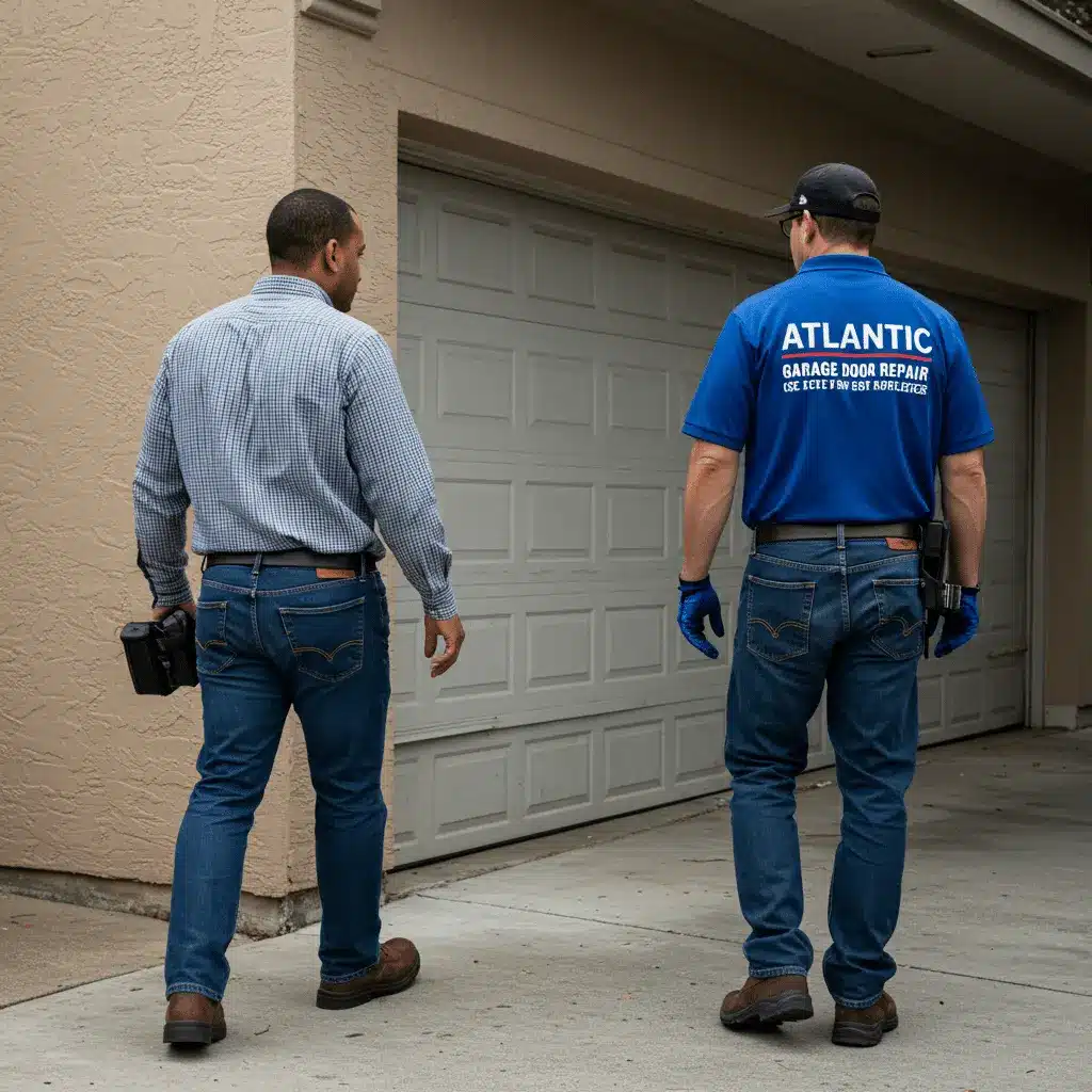 Technician and homeowner inspecting a closed residential garage door from the driveway.