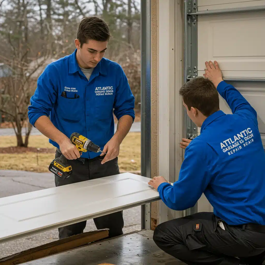 Two technicians installing a new garage door panel using a drill at a residential garage.