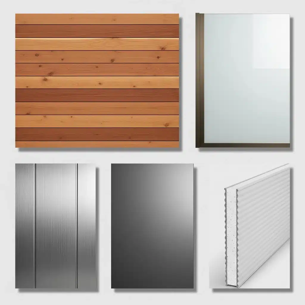 Various garage door panel materials displayed, including wood, glass, steel, and insulated options.