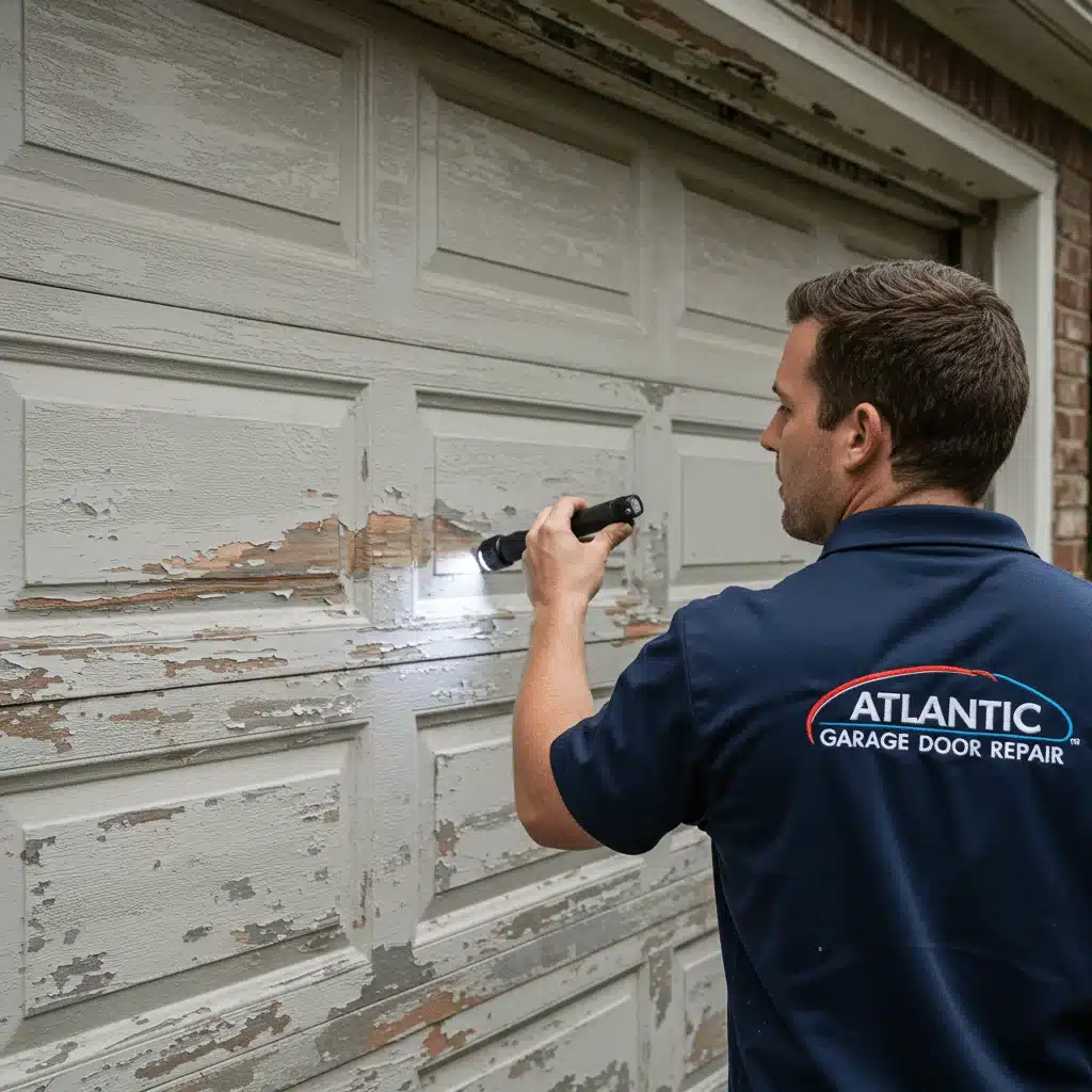 Technician inspecting a deteriorated garage door with peeling paint using a flashlight.