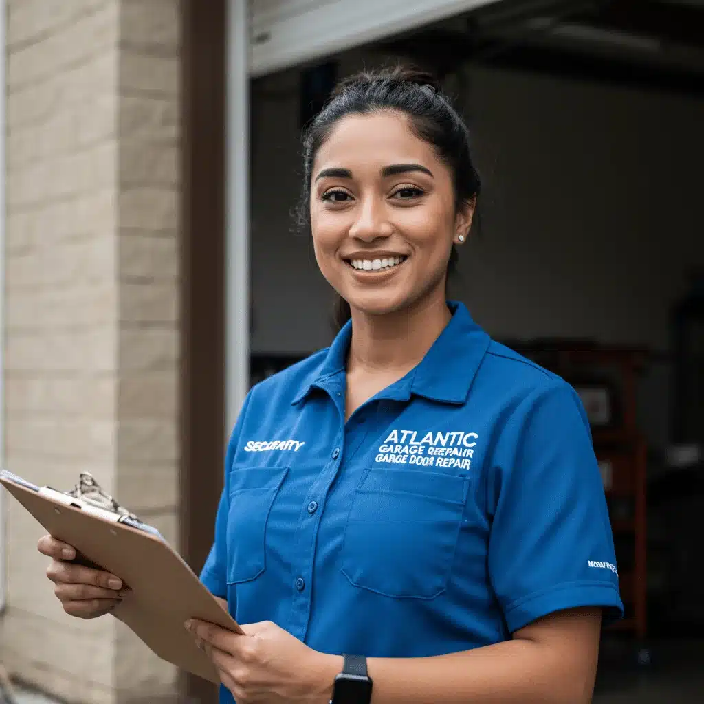 Smiling employee in an Atlantic Garage Door Repair uniform holding a clipboard outside a garage.