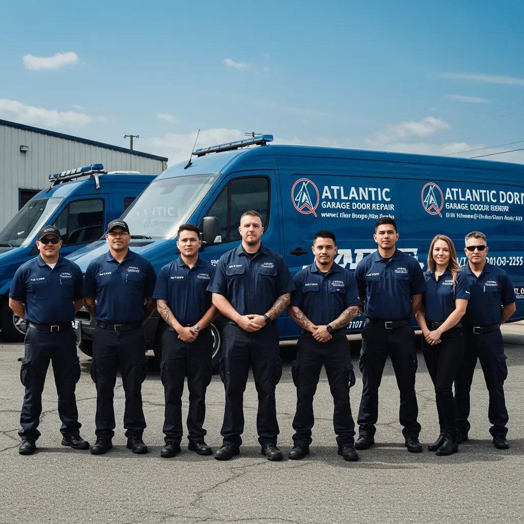 Atlantic Garage Door Repair team standing in front of blue service vans outdoors.