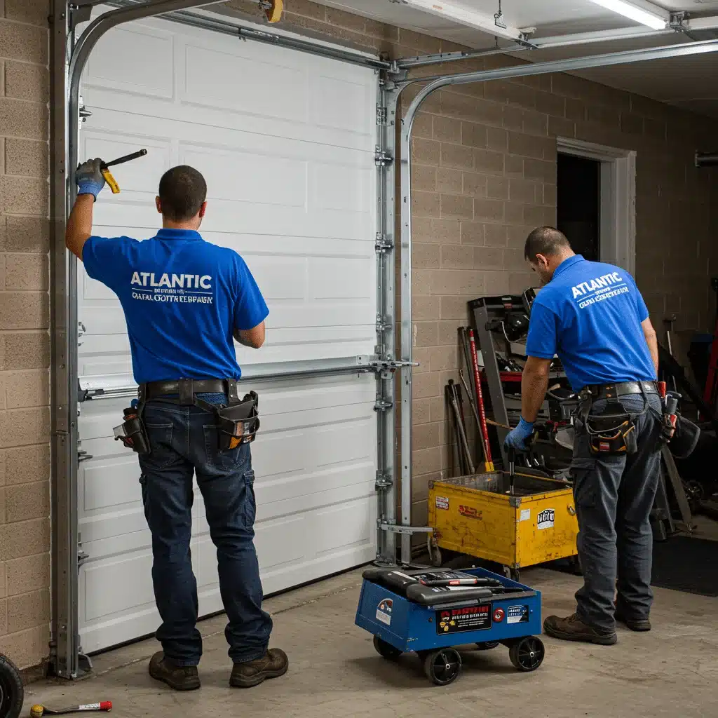 Technicians in blue “Atlantic Garage Door Repair” shirts fixing a white sectional garage door with tools and equipment.