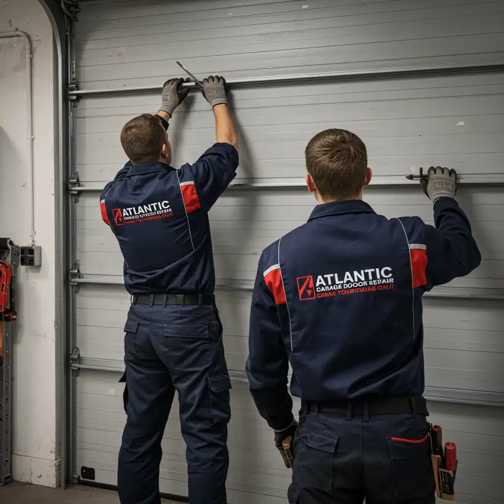Two technicians adjusting horizontal garage door tracks inside a workshop.