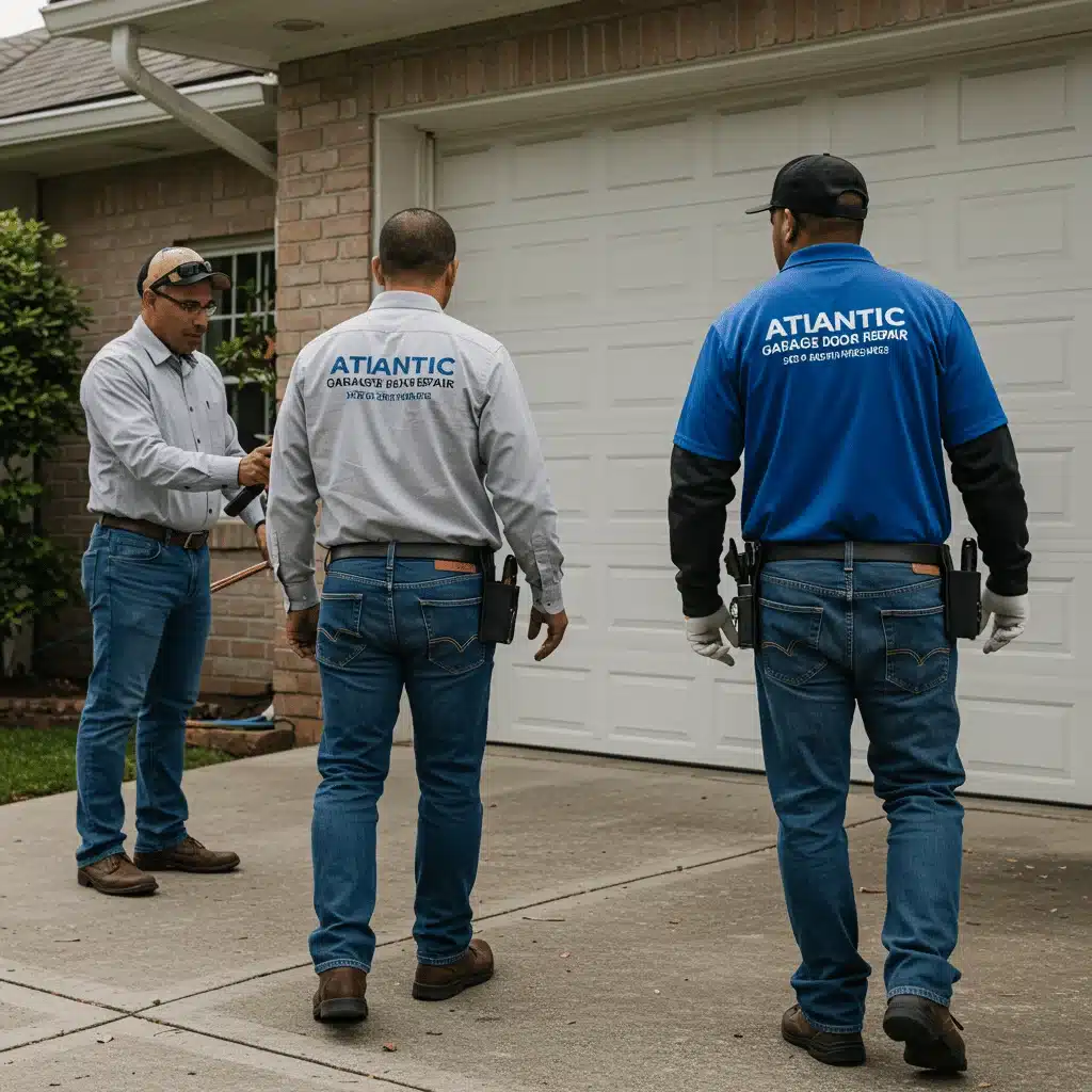 Three technicians inspecting a residential white garage door at a driveway.