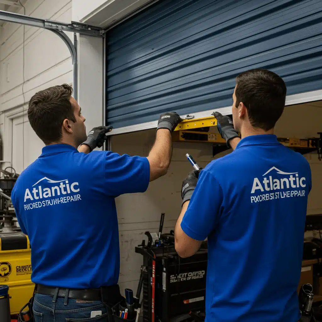 Two technicians in blue Atlantic uniforms aligning a blue rolling garage door with tools.